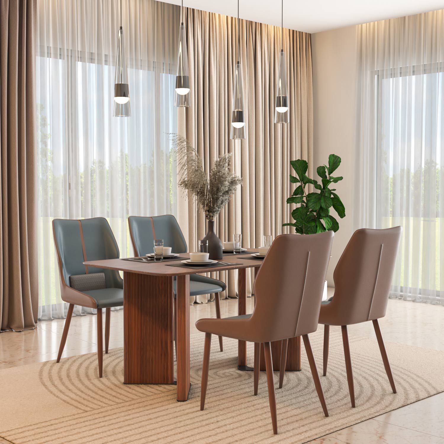 4 Seater Parquel Wooden Dining Set with Dexor Base and Ellipse Chairs- Walnut Brown