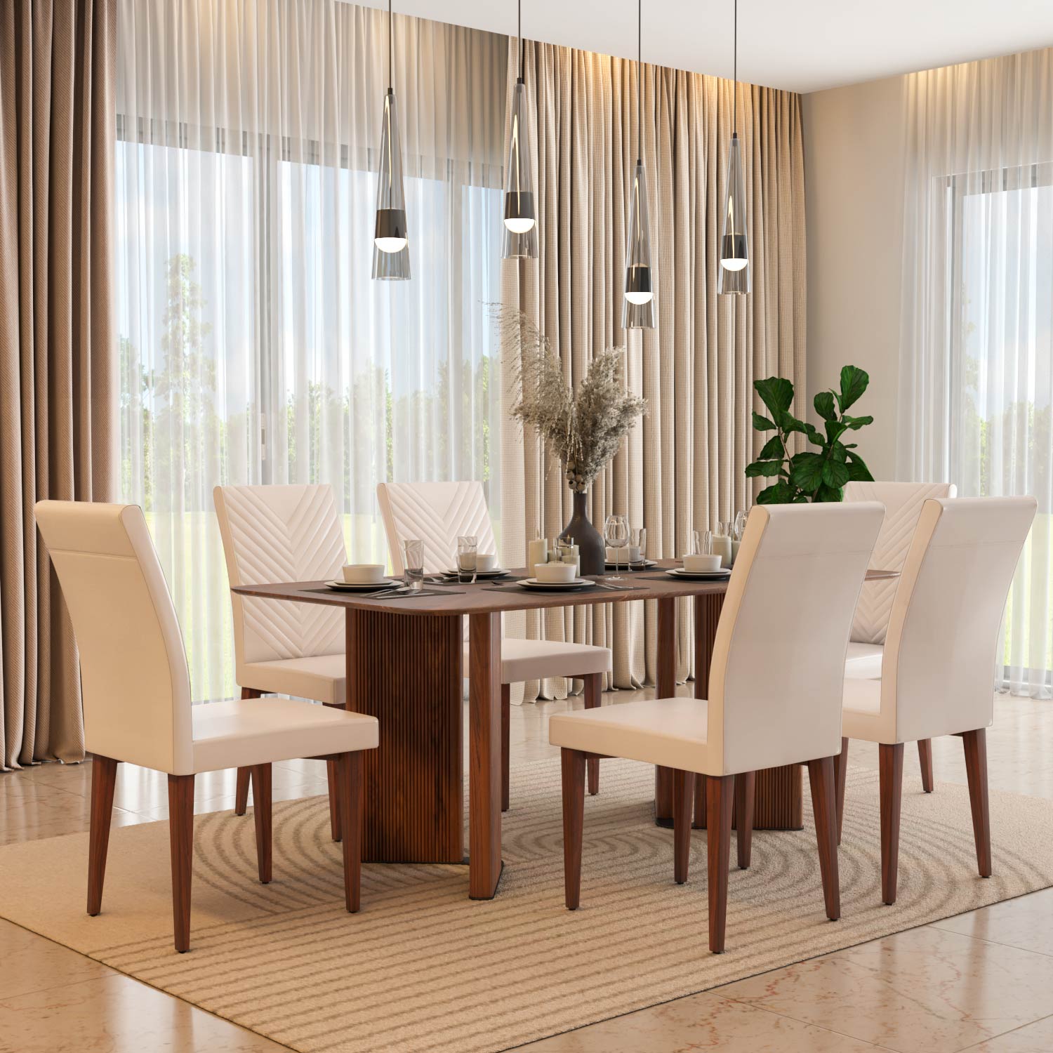 6 Seater Parquel Wooden Dining Set with Dexor Base and Linzy Chairs- Walnut Brown