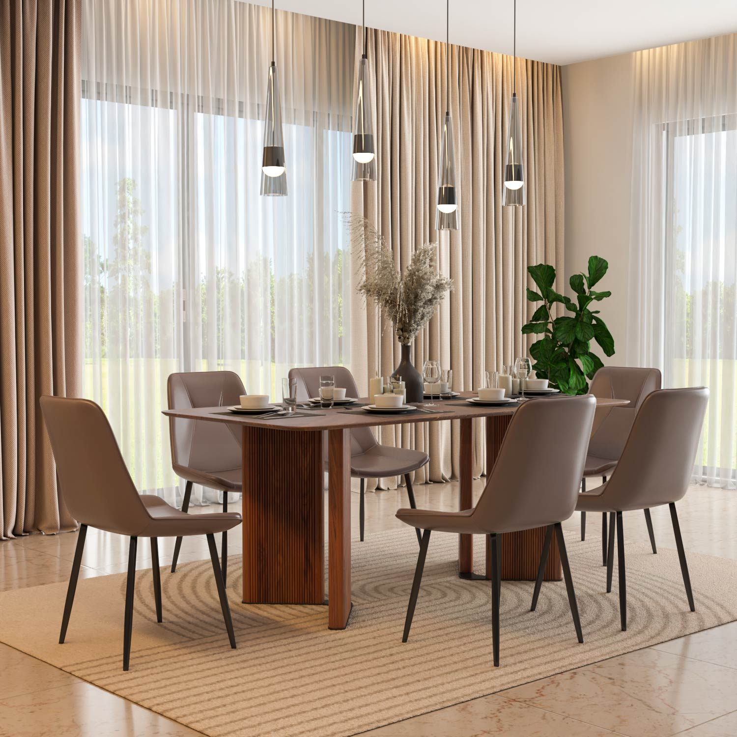 6 Seater Parquel Wooden Dining Set with Dexor Base and Nivo Chairs- Walnut Brown