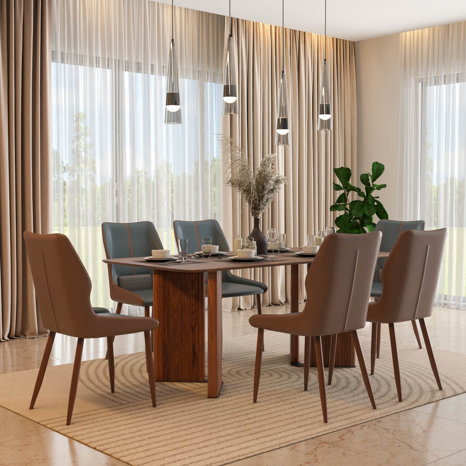 6 Seater Parquel Wooden Dining Set with Dexor Base and Ellipse Chairs- Walnut Brown