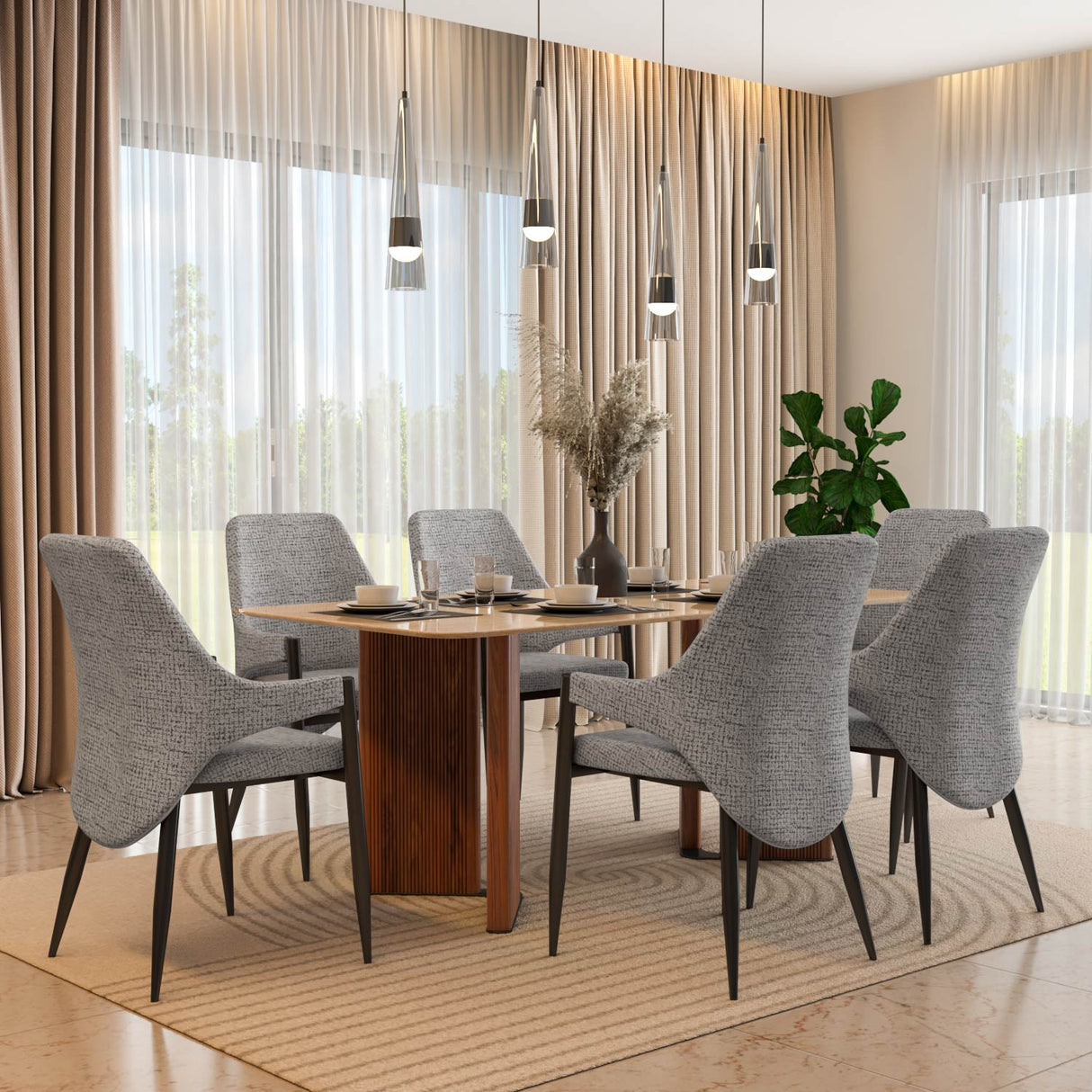 6 Seater Trava Marble Dining Set with Dexor Base and Tierra Chairs- Travertine