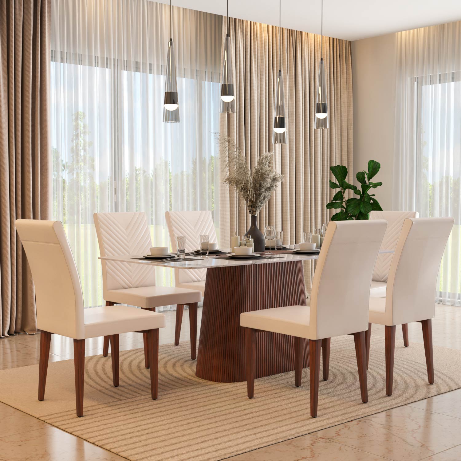 6 Seater Alune Ceramic Dining Set with Flinda Base and Linzy Chairs- Ash White