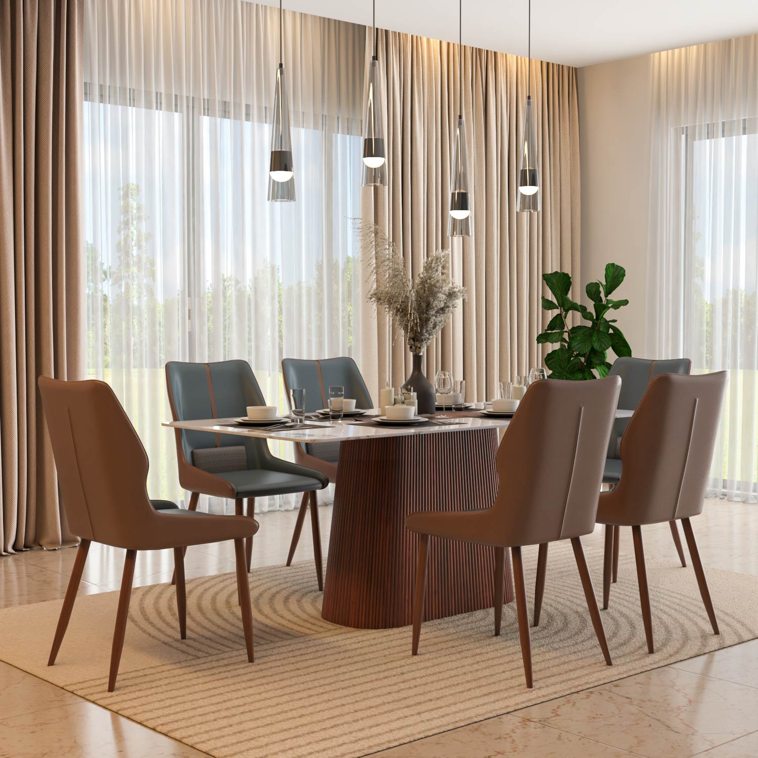 6 Seater Alune Ceramic Dining Set with Flinda Base and Ellipse Chairs- Ash White
