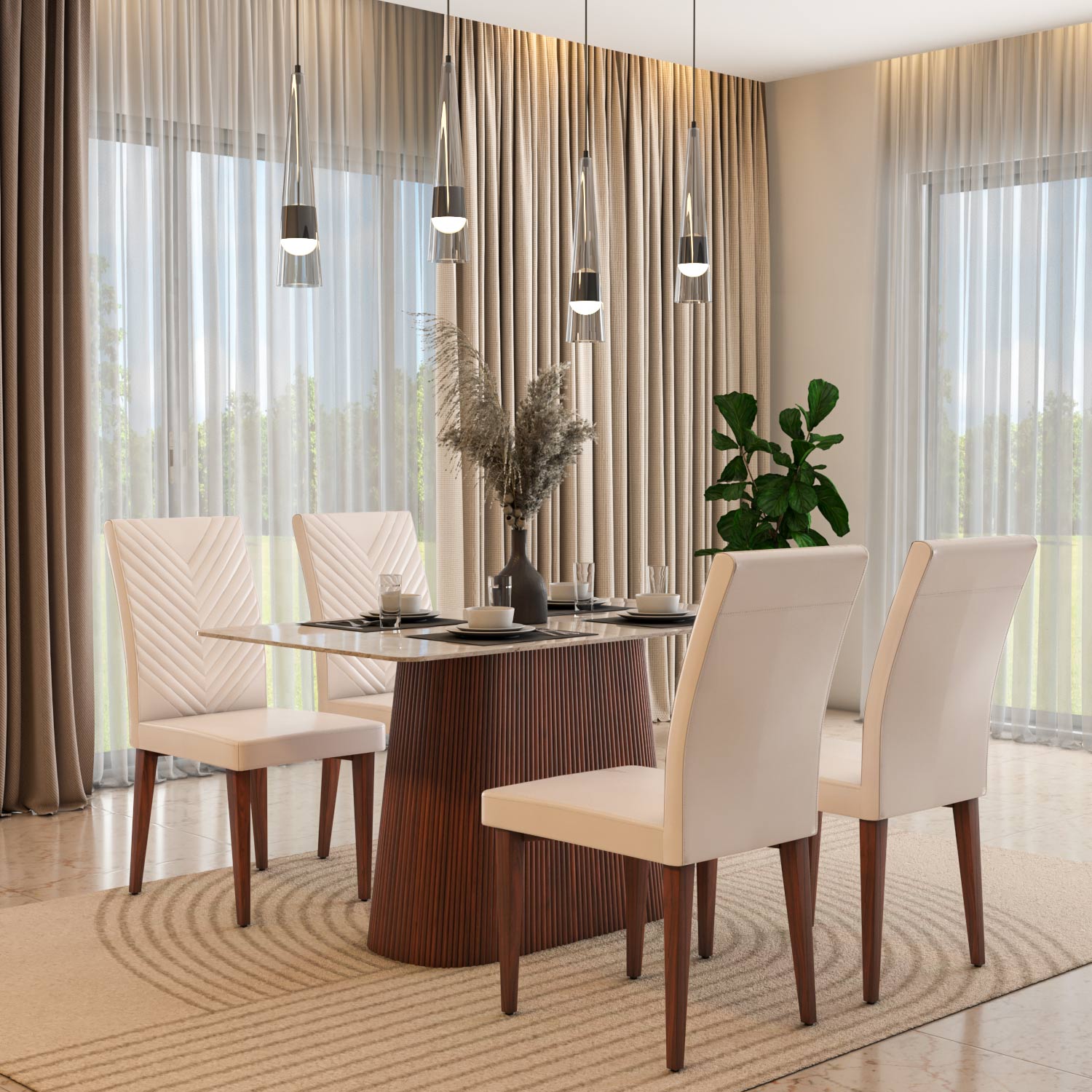 4 Seater Bevon Ceramic Dining Set with Flinda Base and Linzy Chairs- Cloud Beige
