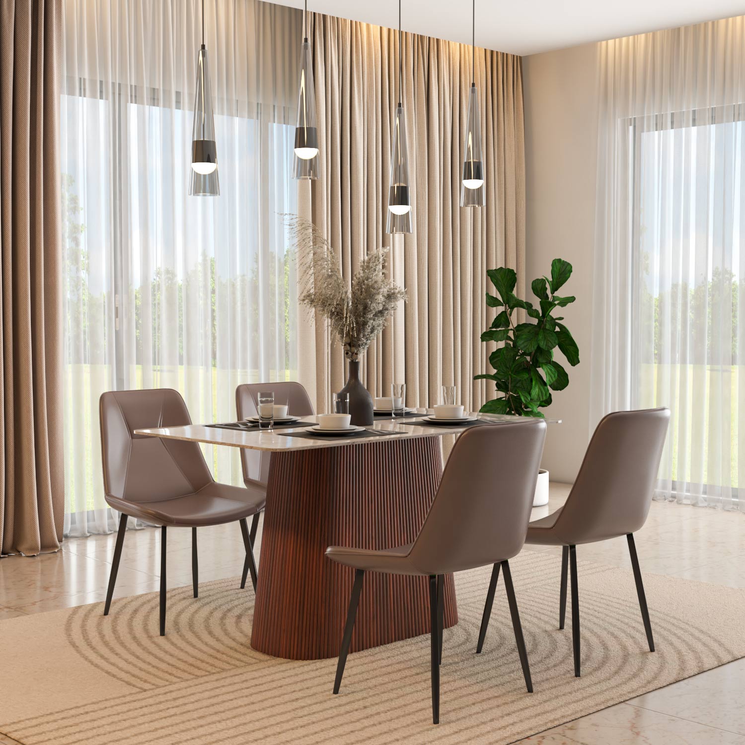 4 Seater Bevon Ceramic Dining Set with Flinda Base and Nivo Chairs- Cloud Beige