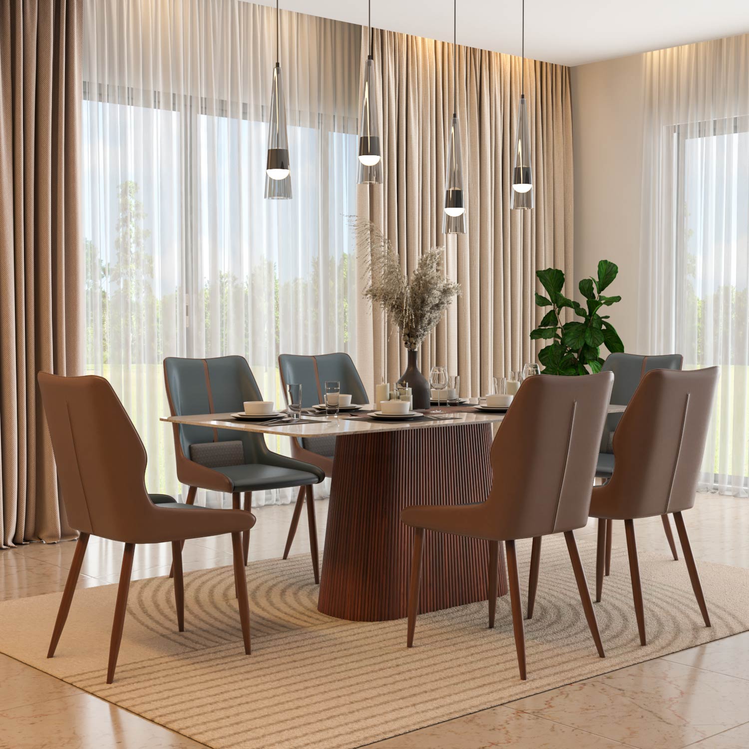 6 Seater Bevon Ceramic Dining Set with Flinda Base and Ellipse Chairs- Cloud Beige