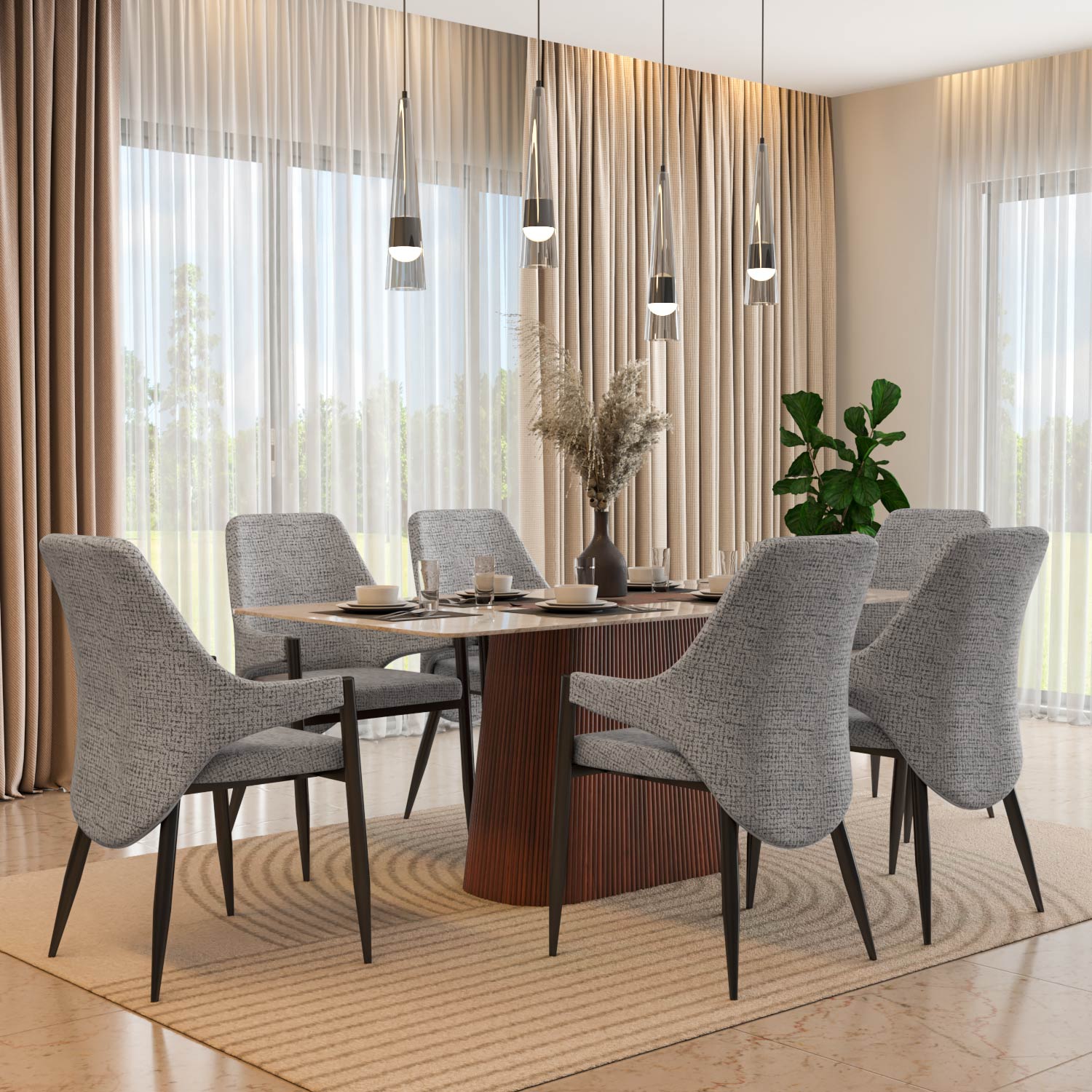 6 Seater Bevon Ceramic Dining Set with Flinda Base and Tierra Chairs- Cloud Beige