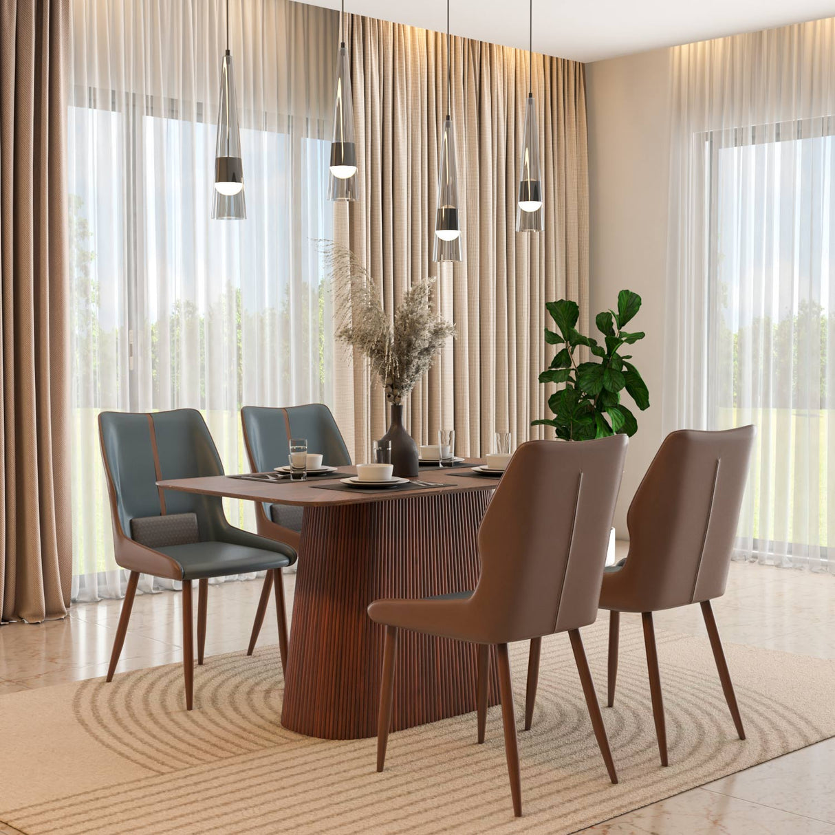 4 Seater Parquel Wooden Dining Set with Flinda Base and Ellipse Chairs- Walnut Brown