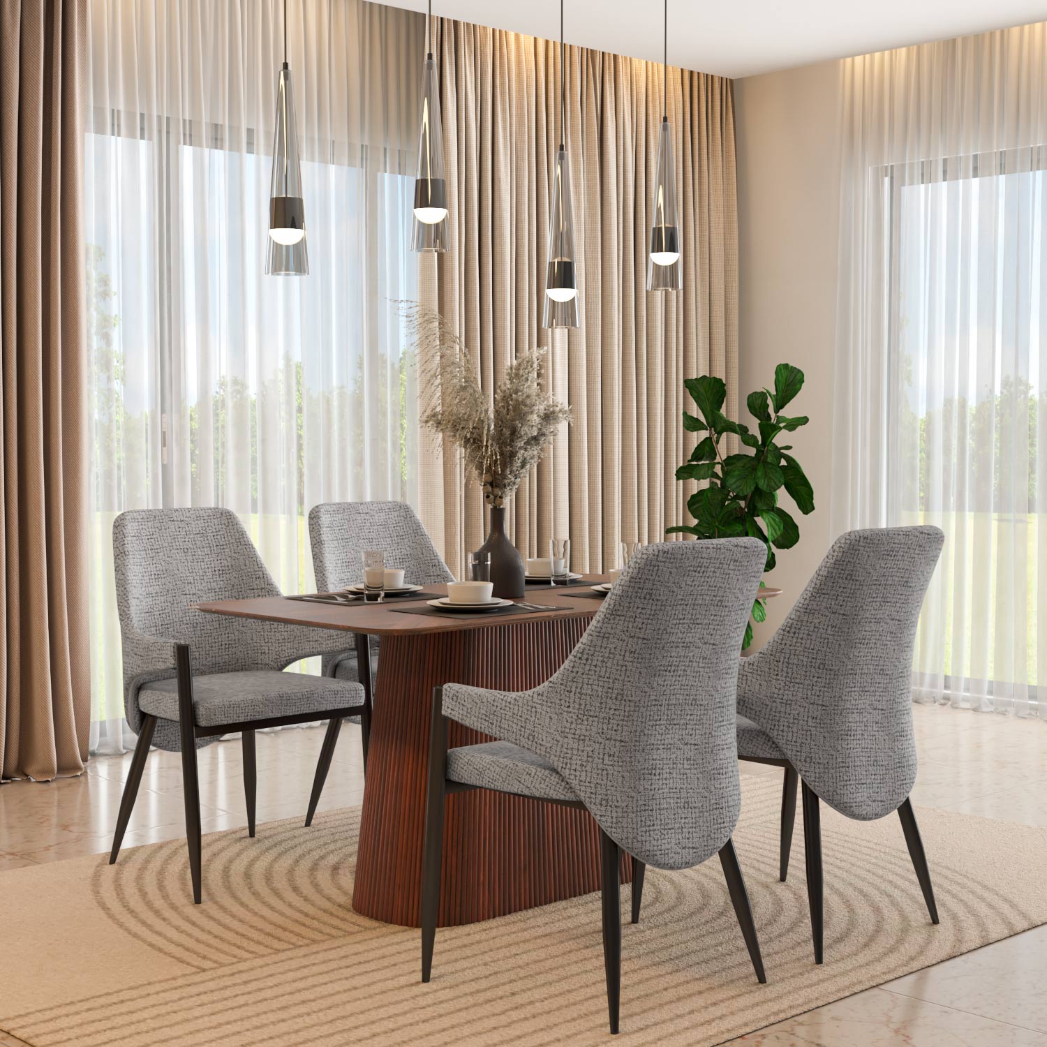 4 Seater Parquel Wooden Dining Set with Flinda Base and Tierra Chairs- Walnut Brown