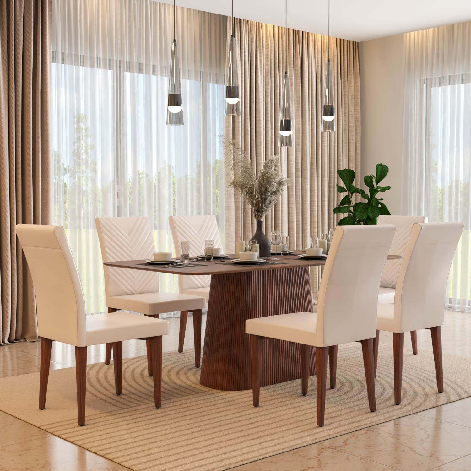 6 Seater Parquel Wooden Dining Set with Flinda Base and Linzy Chairs- Walnut Brown