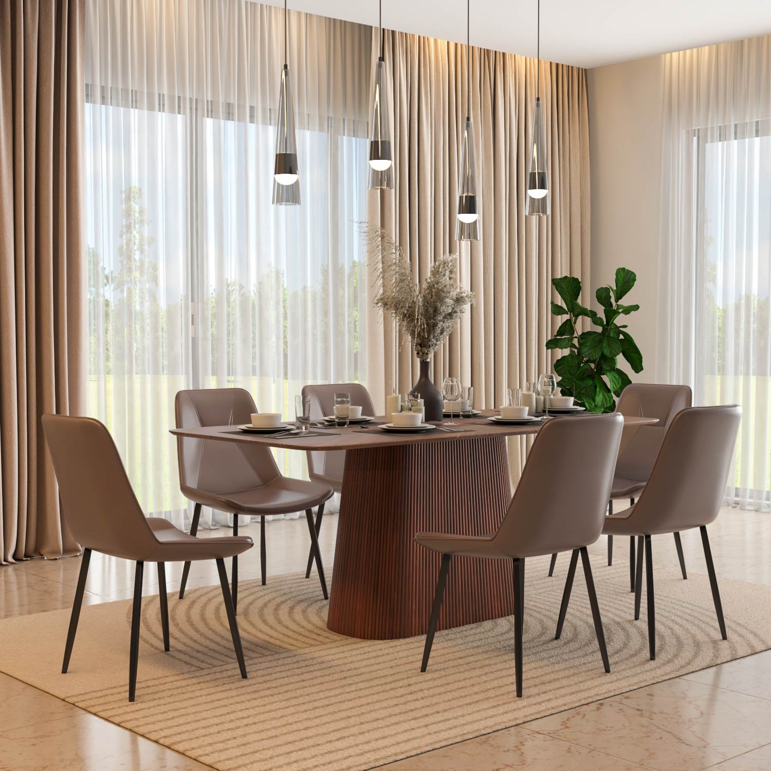 6 Seater Parquel Wooden Dining Set with Flinda Base and Nivo Chairs- Walnut Brown