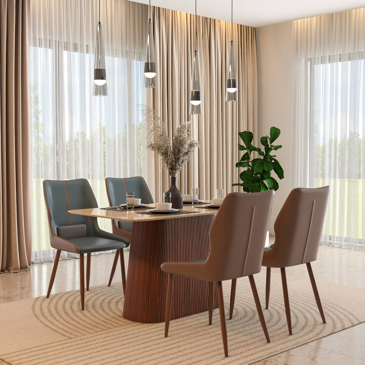 4 Seater Trava Marble Dining Set with Flinda Base and Ellipse Chairs- Travertine