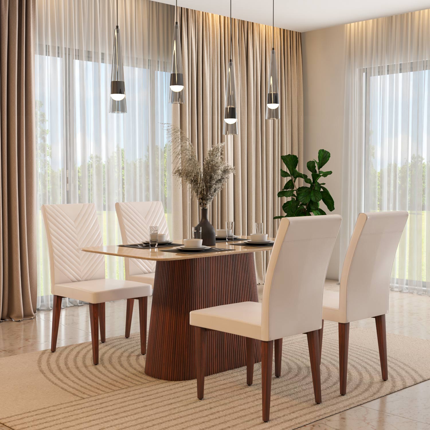 4 Seater Trava Marble Dining Set with Flinda Base and Linzy Chairs- Travertine