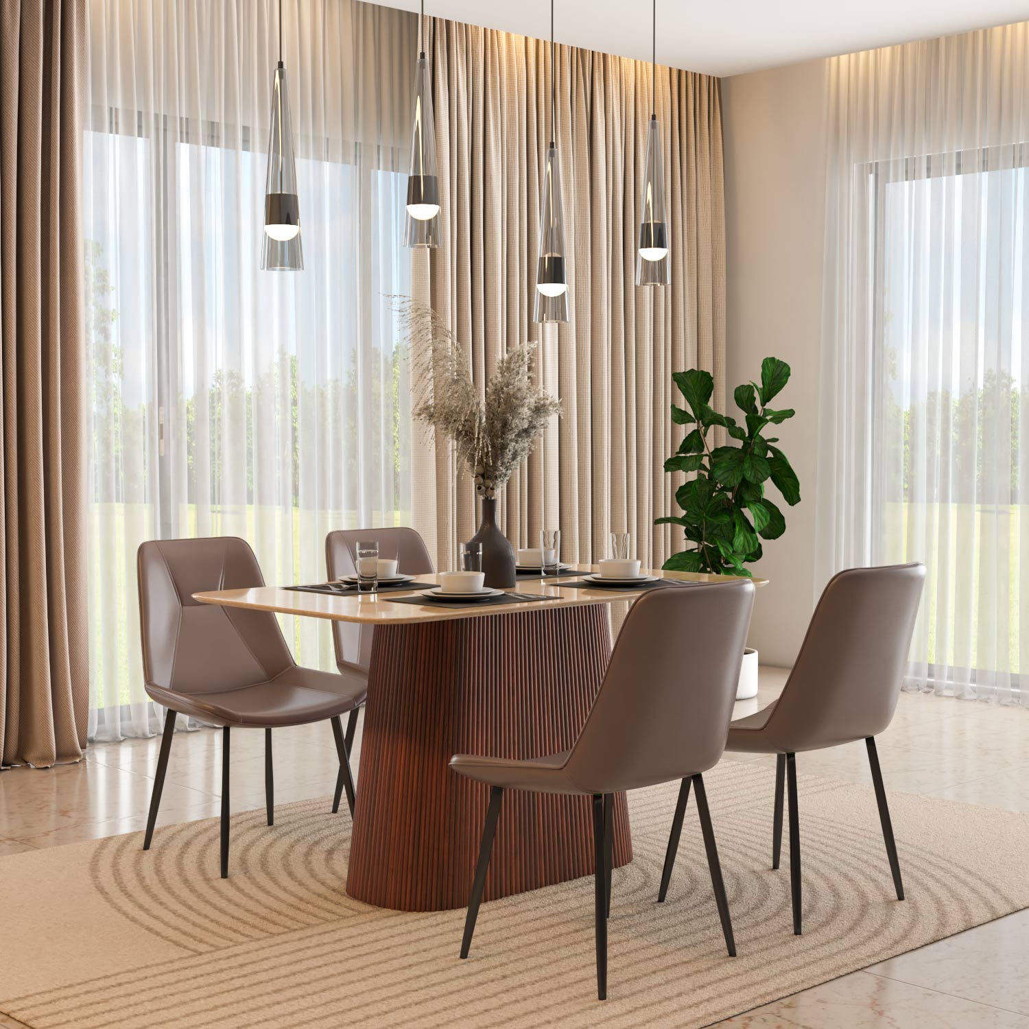 4 Seater Trava Marble Dining Set with Flinda Base and Nivo Chairs- Travertine