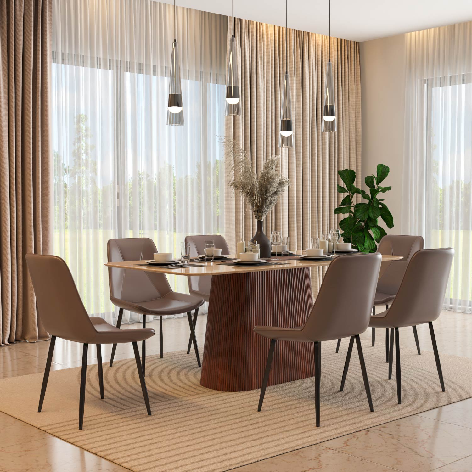 6 Seater Trava Marble Dining Set with Flinda Base and Nivo Chairs- Travertine