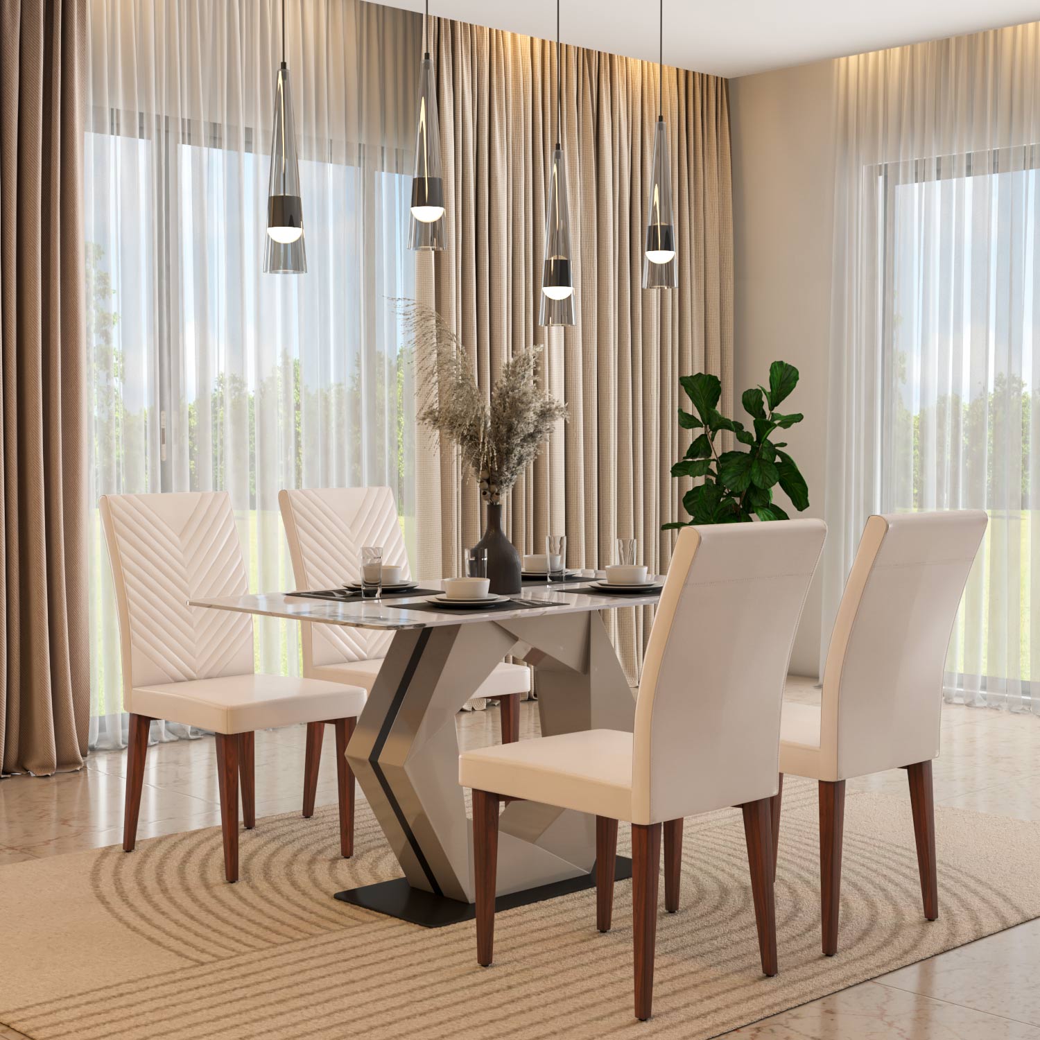 4 Seater Alune Ceramic Dining Set with Hexin Base and Linzy Chairs- Ash White