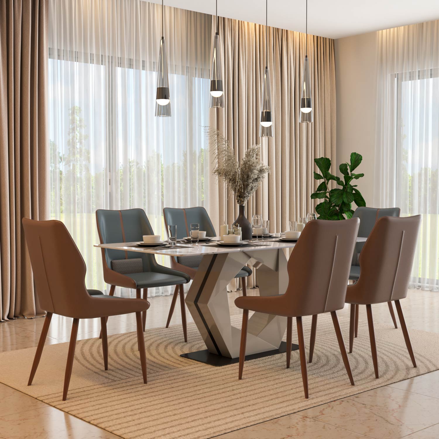 6 Seater Alune Ceramic Dining Set with Hexin Base and Ellipse Chairs- Ash White