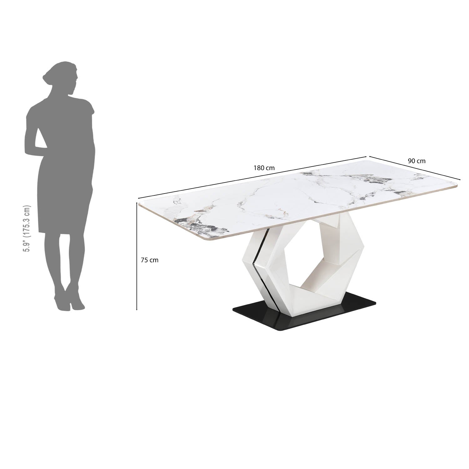 6 Seater Allune Ceramic Dining Set with Hexin Base and Nivo Chairs- Ash White