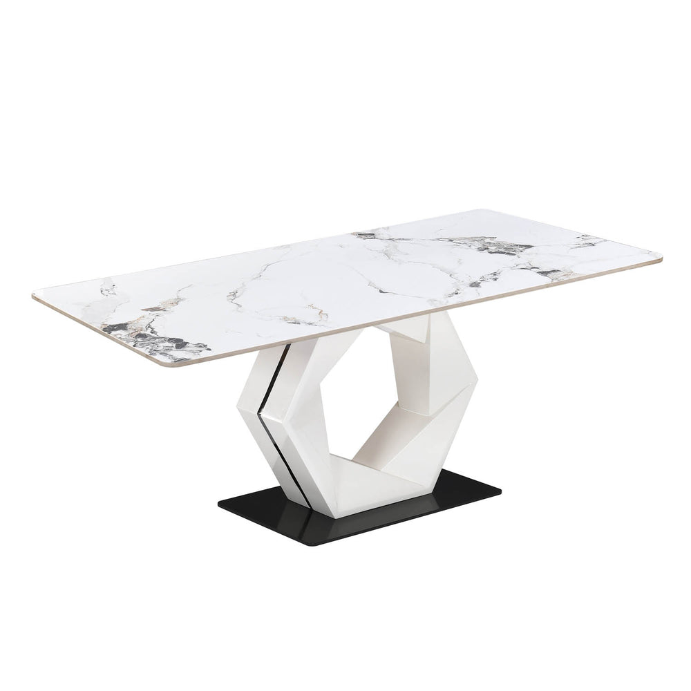 6 Seater Alune Ceramic Dining Set with Hexin Base and Nivo Chairs- Ash White