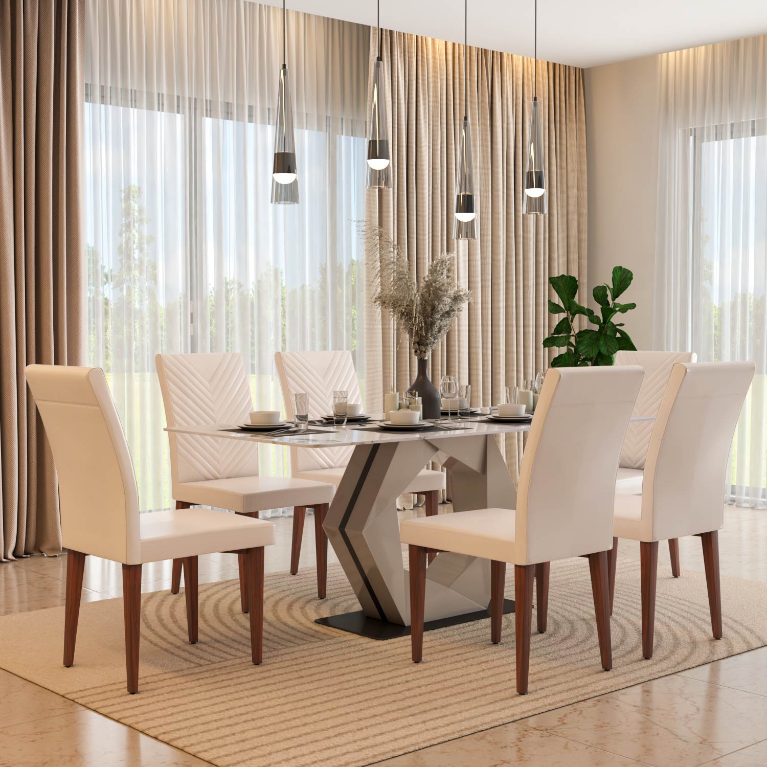 6 Seater Alune Ceramic Dining Set with Hexin Base and Linzy Chairs- Ash White