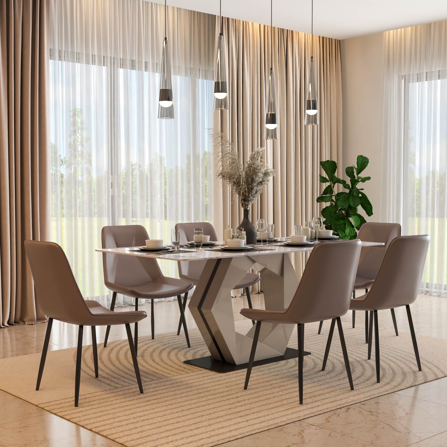 6 Seater Allune Ceramic Dining Set with Hexin Base and Nivo Chairs- Ash White