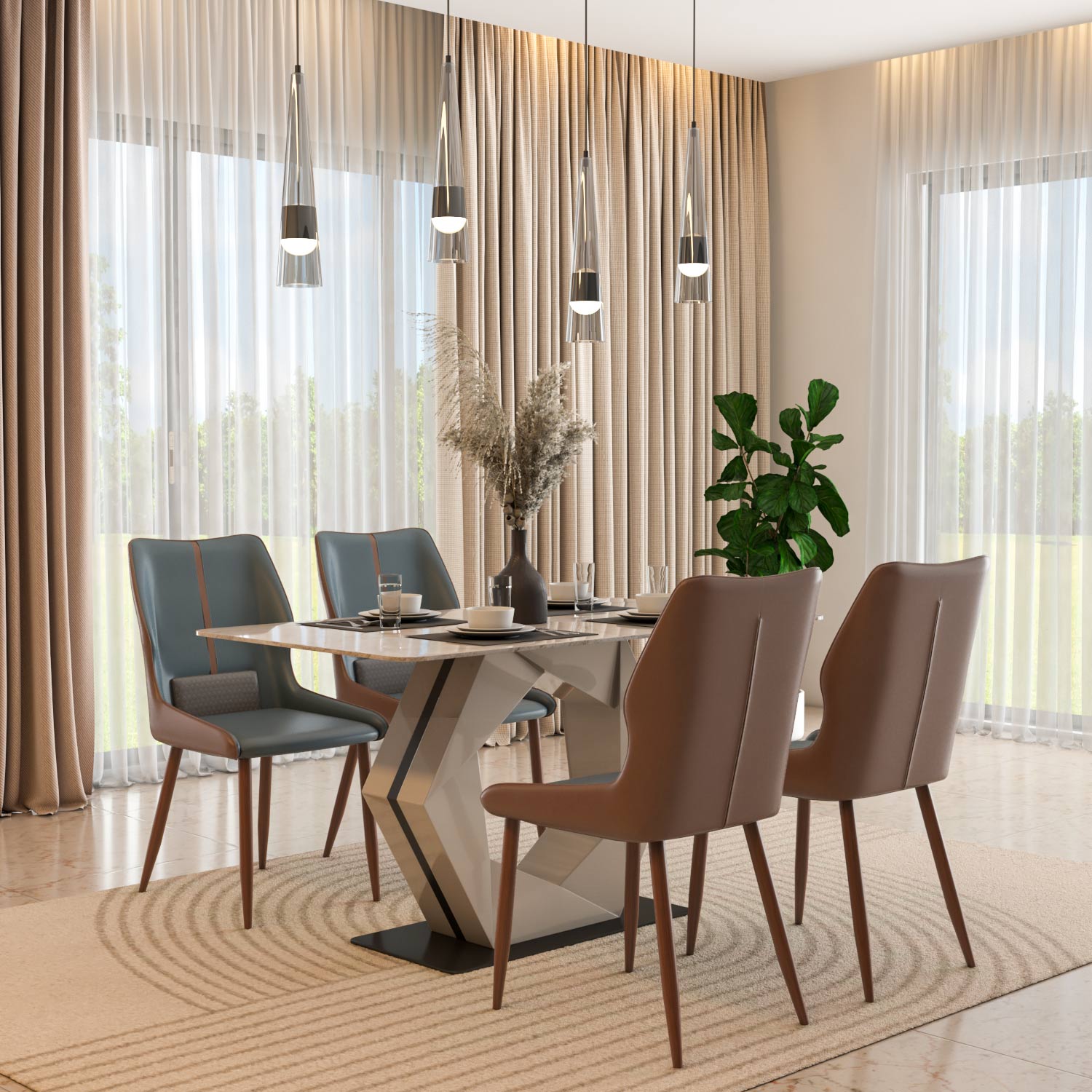 4 Seater Bevon Ceramic Dining Set with Hexin Base and Ellipse Chairs- Cloud Beige