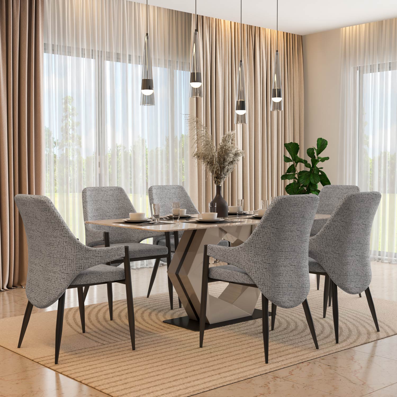 6 Seater Bevon Ceramic Dining Set with Hexin Base and Tierra Chairs- Cloud Beige