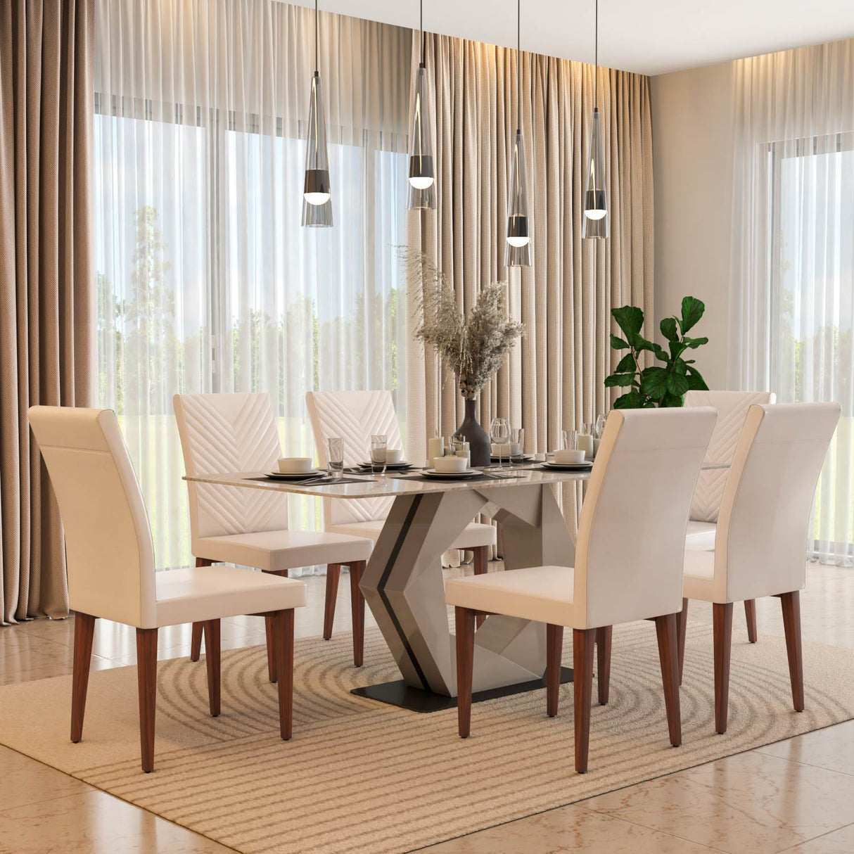 6 Seater Bevon Ceramic Dining Set with Hexin Base and Linzy Chairs- Cloud Beige