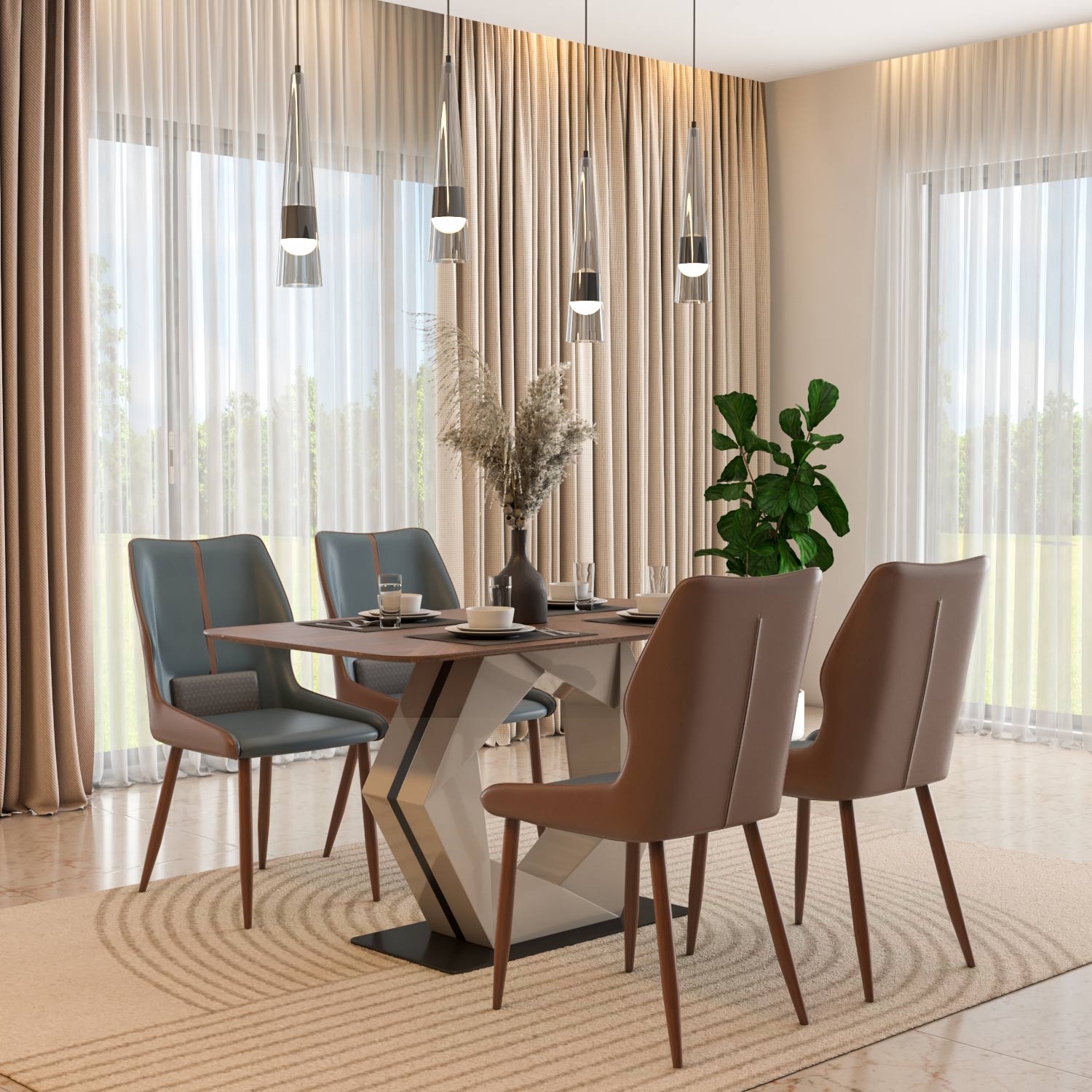 4 Seater Parquel Wooden Dining Set with Hexin Base and Ellipse Chairs- Walnut Brown