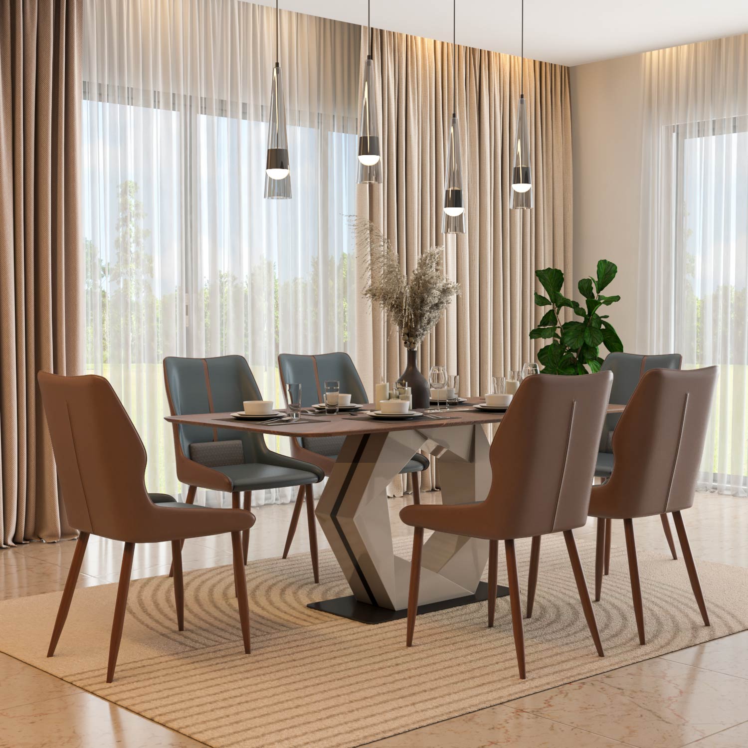 6 Seater Parquel Wooden Dining Set with Hexin Base and Ellipse Chairs- Walnut Brown