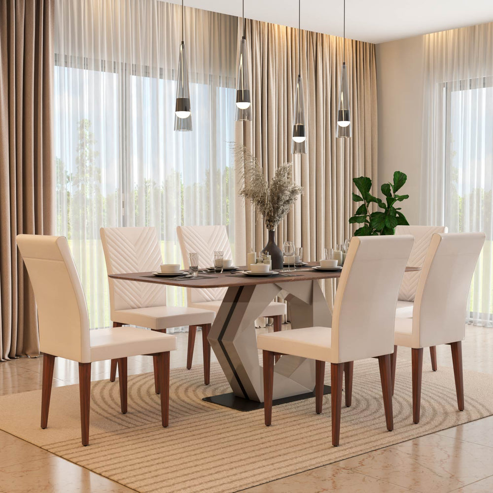 6 Seater Parquel Wooden Dining Set with Hexin Base and Linzy Chairs- Walnut Brown