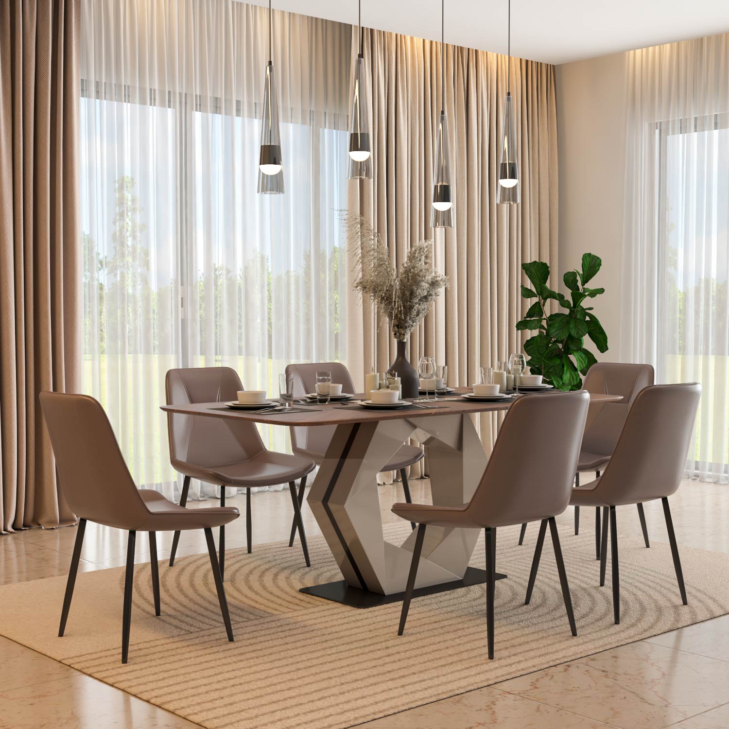 6 Seater Parquel Wooden Dining Set with Hexin Base and Nivo Chairs- Walnut Brown