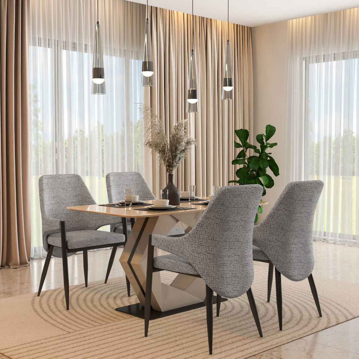 4 Seater Trava Marble Dining Set with Hexin Base and Tierra Chairs- Travertine