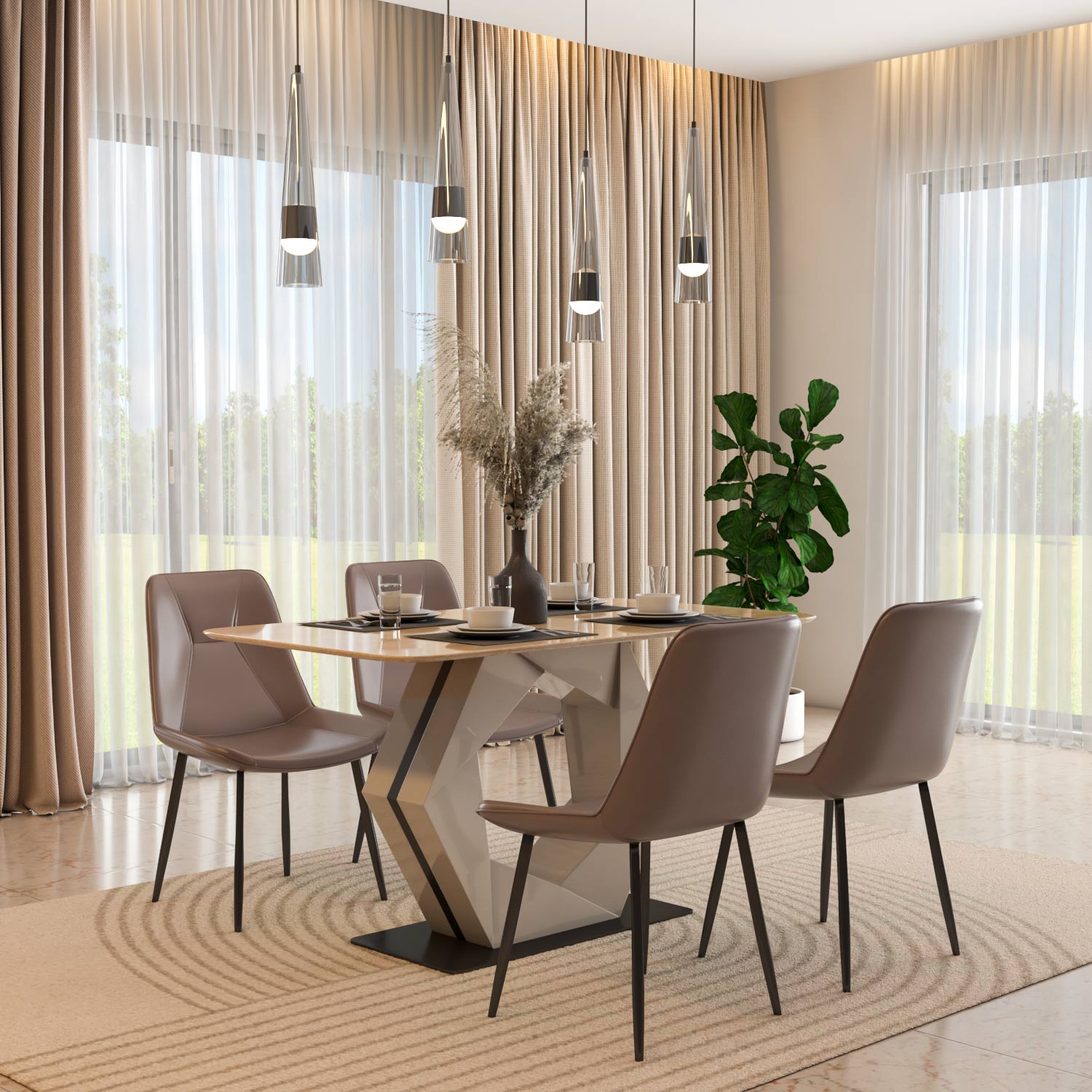 4 Seater Trava Marble Dining Set with Hexin Base and Nivo Chairs- Travertine