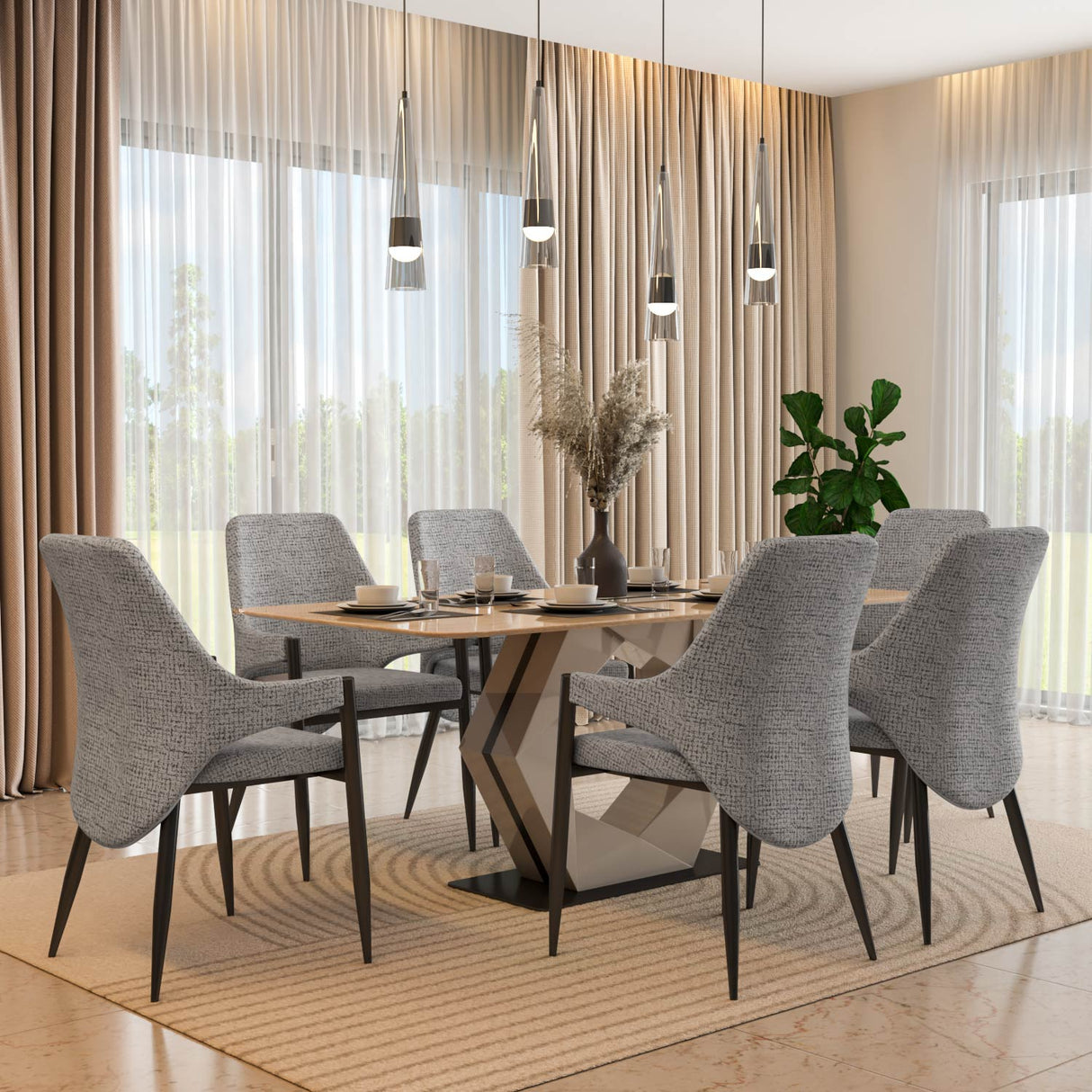 6 Seater Trava Marble Dining Set with Hexin Base and Tierra Chairs- Travertine
