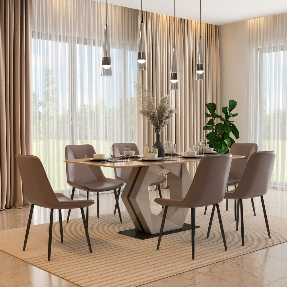 6 Seater Trava Marble Dining Set with Hexin Base and Nivo Chairs- Travertine