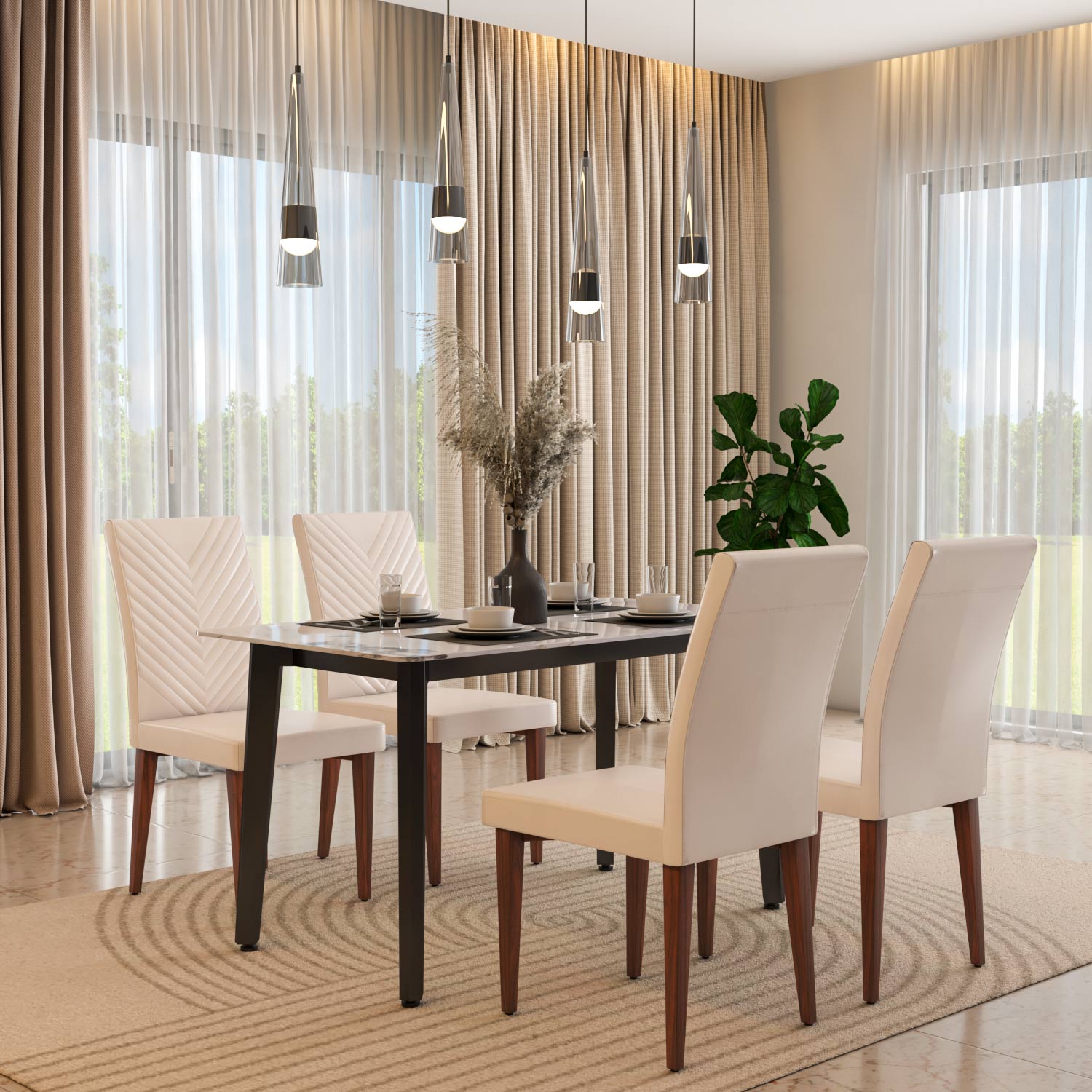 4 Seater Alune Ceramic Dining Set with Quado Base and Linzy Chairs- Ash White