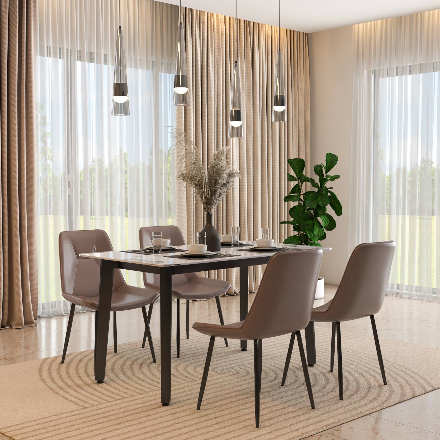 4 Seater Alune Ceramic Dining Set with Quado Base and Nivo Chairs- Ash White