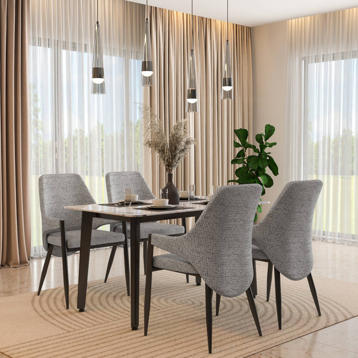 4 Seater Allune Ceramic Dining Set with Quado Base and Tierra Chairs- Ash White