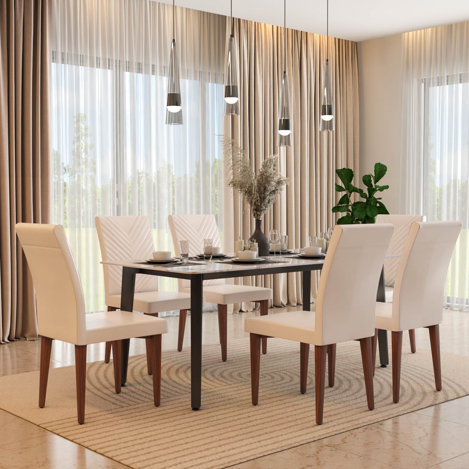 6 Seater Alune Ceramic Dining Set with Quado Base and Linzy Chairs- Ash White