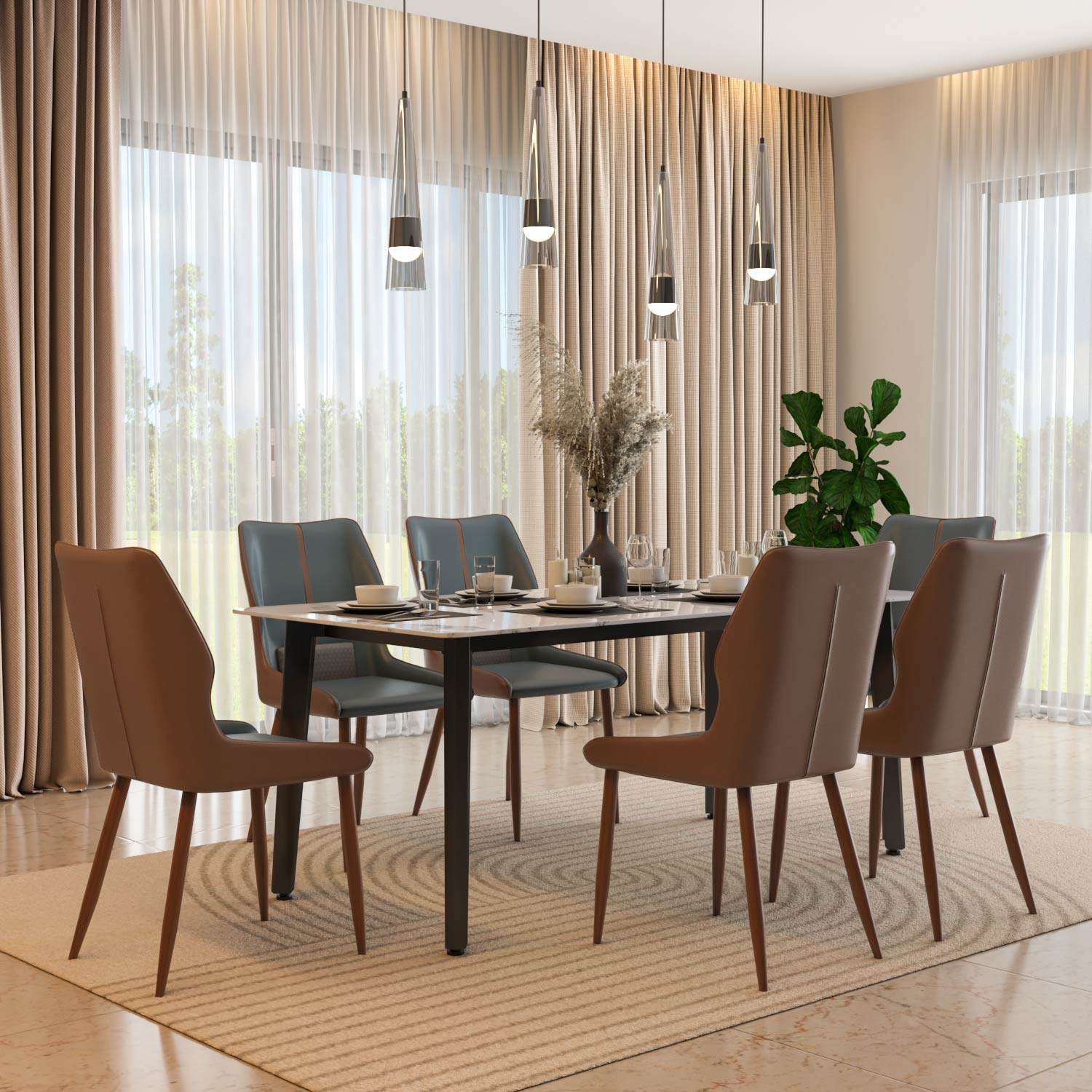 6 Seater Alune Ceramic Dining Set with Quado Base and Ellipse Chairs- Ash White