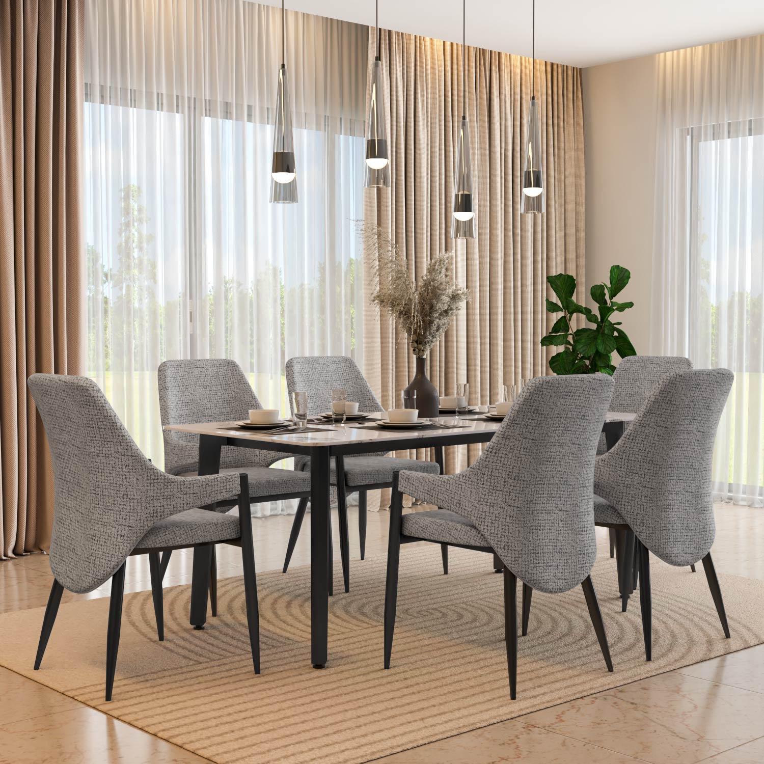6 Seater Alune Ceramic Dining Set with Quado Base and Tierra Chairs- Ash White