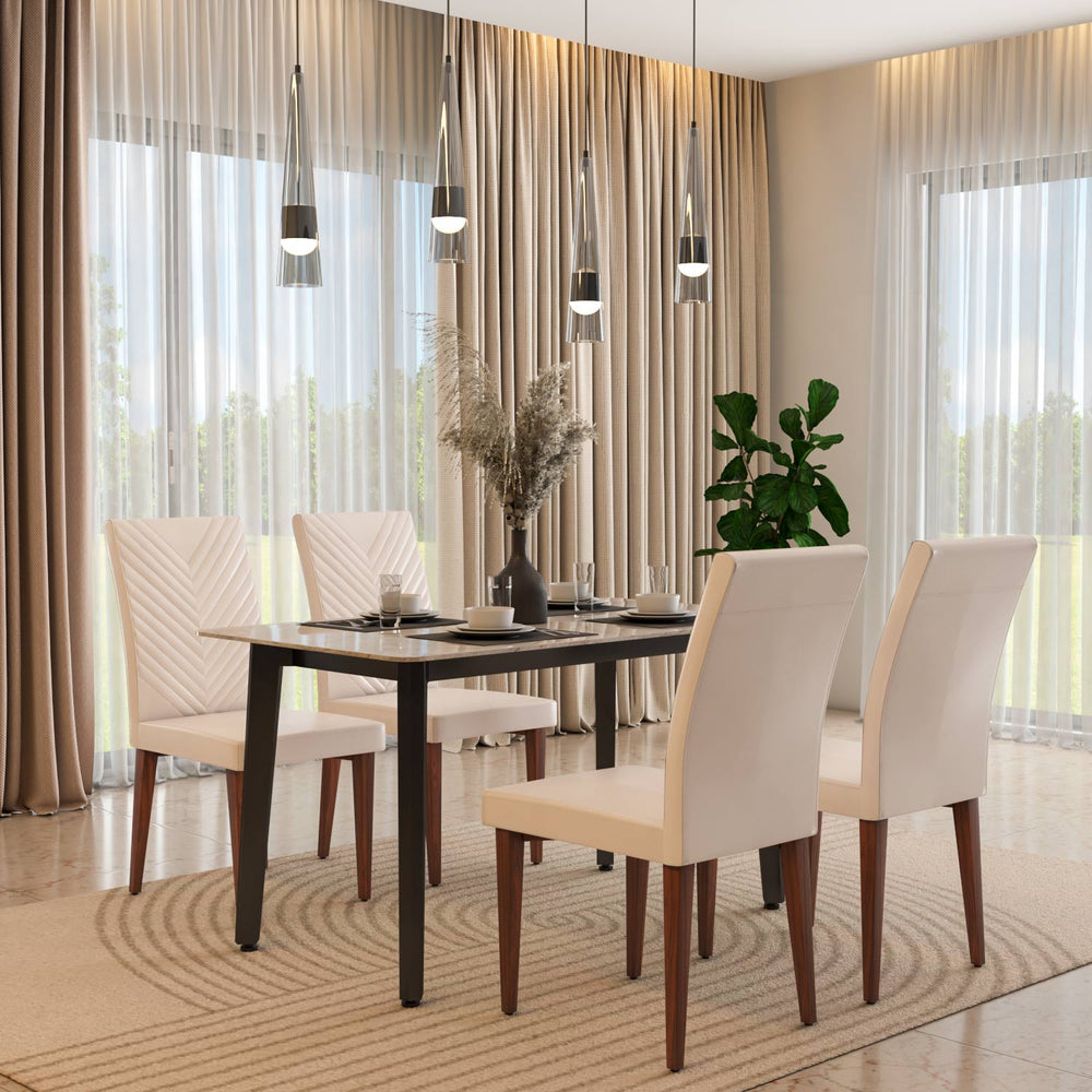 4 Seater Bevon Ceramic Dining Set with Quado Base and Linzy Chairs- Cloud Beige