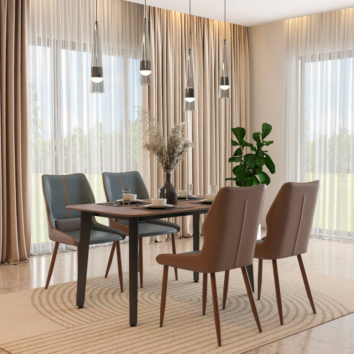 4 Seater Parquel Wooden Dining Set with Quado Base and Ellipse Chairs- Walnut Brown