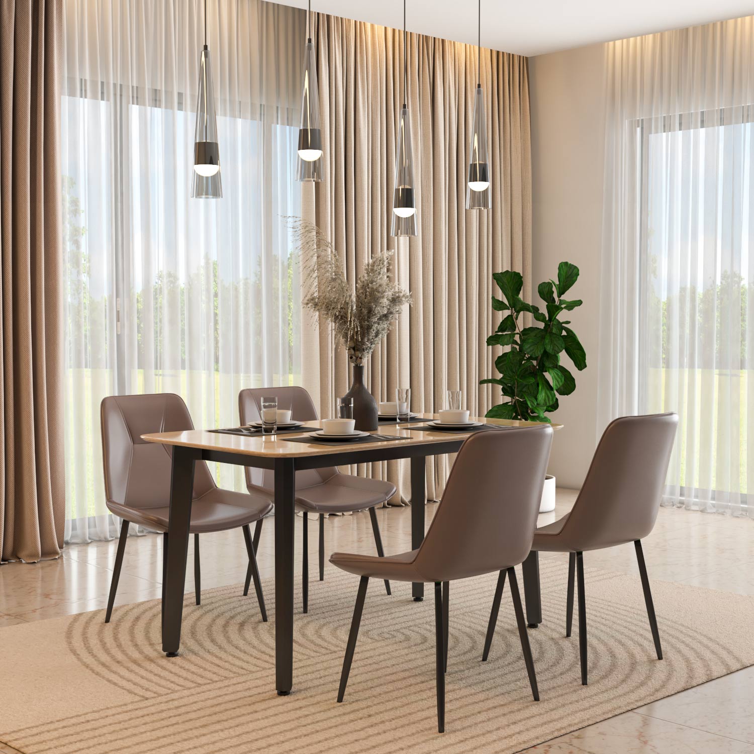 4 Seater Trava Marble Dining Set with Quado Base and Nivo Chairs- Travertine