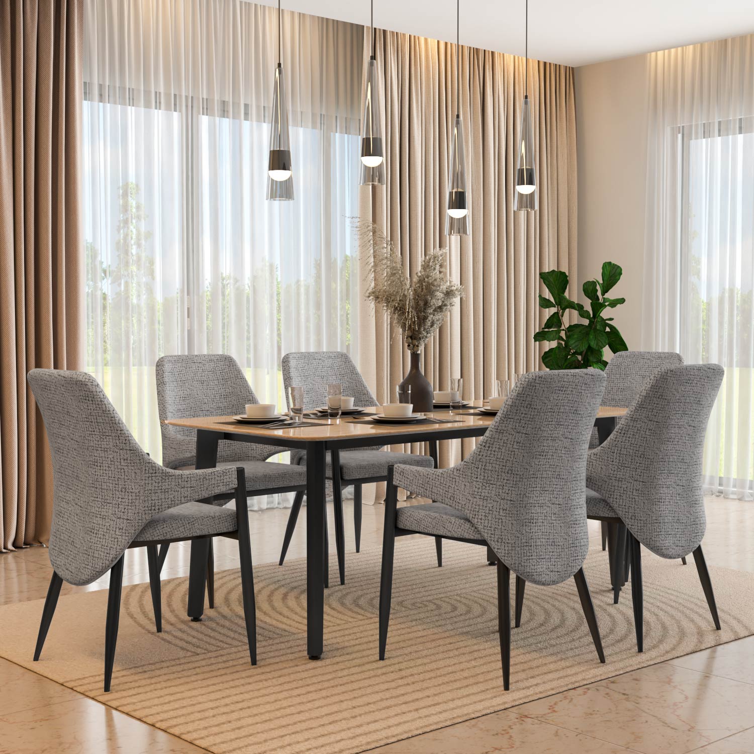 6 Seater Trava Marble Dining Set with Quado Base and Tierra Chairs- Travertine