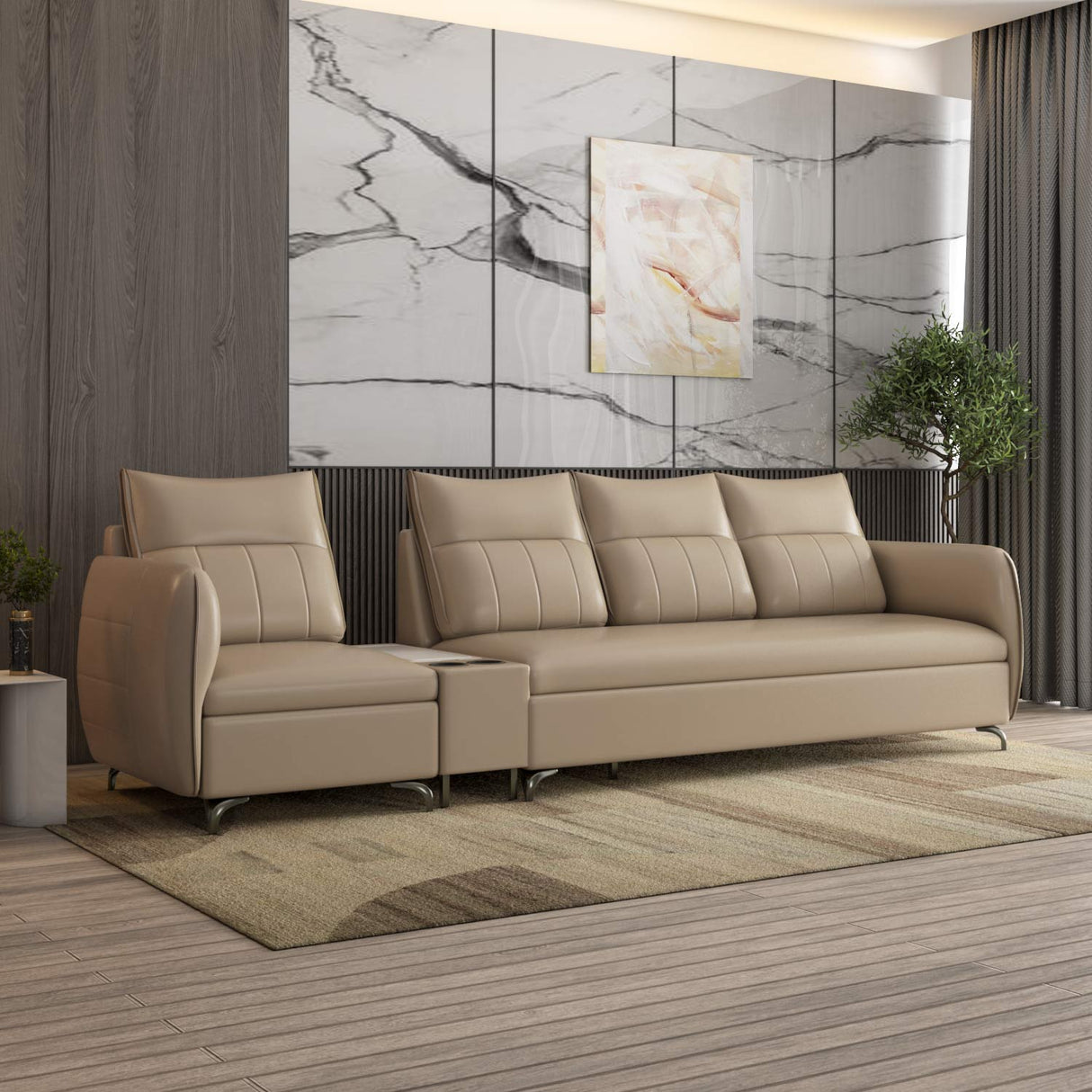 Infinia 1+3 Seater Leatherette Sofa Set with Rectangle Console- Beige