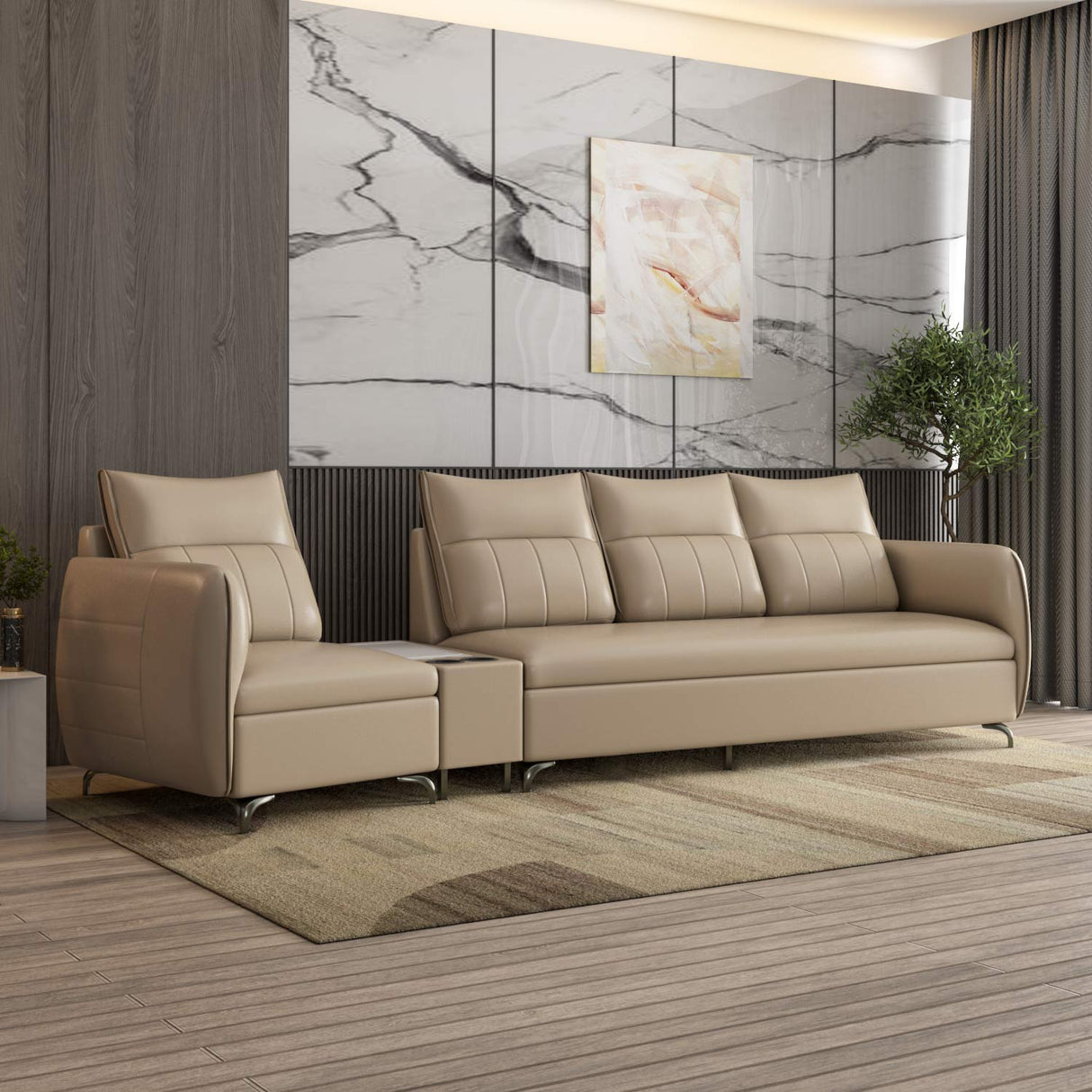 Infinia 1+3 Seater Leatherette Sofa Set with Triangle Console- Beige