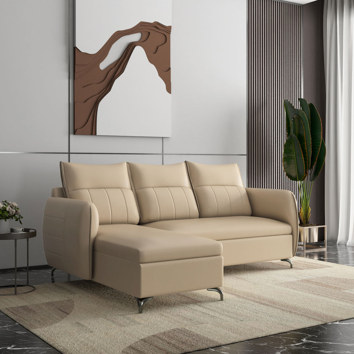 Infinia 3 Seater Leatherette Sofa with Right Lounger- Beige