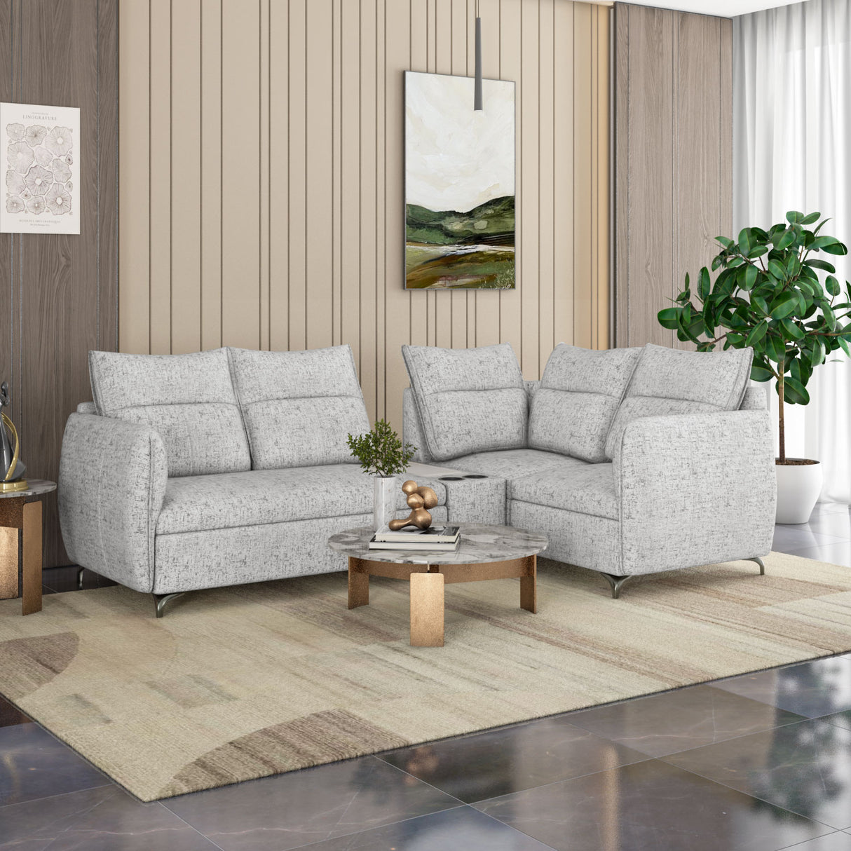 Infinia 2+1+1 Seater Fabric Sofa Set with Left Corner Sofa and Rectangle Console- Off White